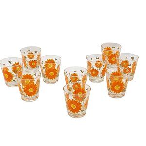 Vintage Libbey Orange Daisy Juice Glasses Set of 10 - MCM Retro Flower Power 60s